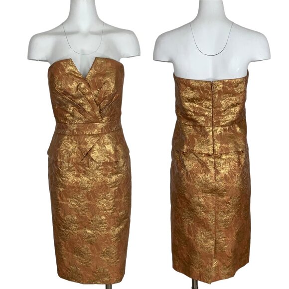 Theia Strapless Sheath Dress 12 Gold Bronze Floral Peplum Sexy Party Holiday - Picture 1 of 12
